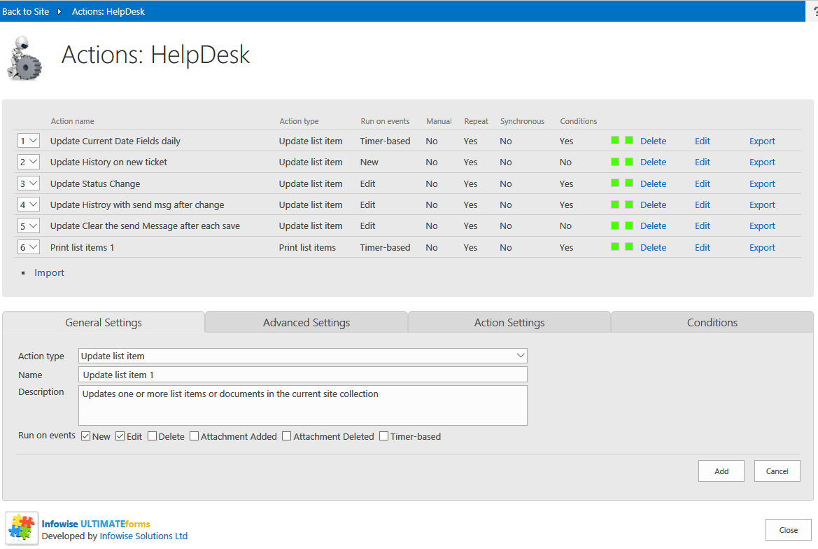 Action Settings Infowise Documentation