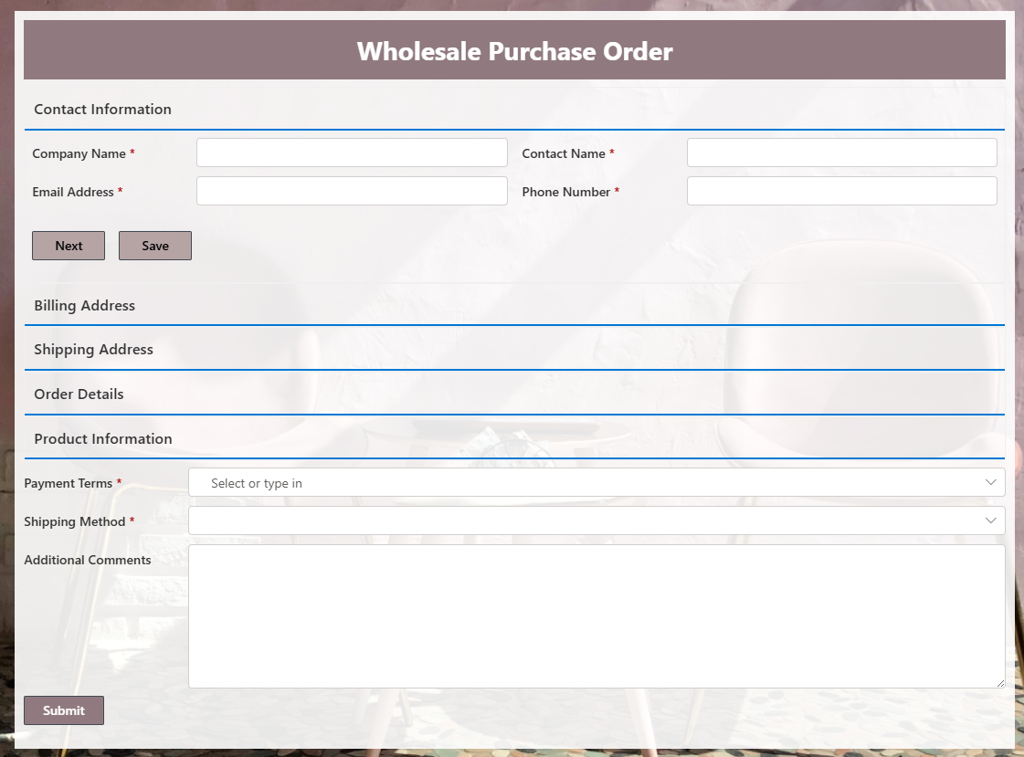 Example of Wholesale Purchase Order in SharePoint